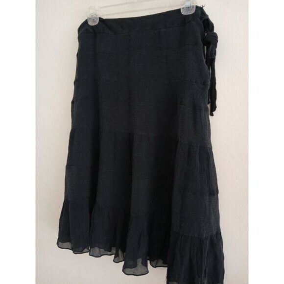 Y2K Womens 12 100% Silk Skirt  Black Crepe Tiered  Knee Length Boho Gothic - Picture 4 of 10